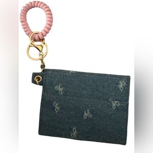Bag charm Denim Card & Key Holder with Pink Coil Wristlet